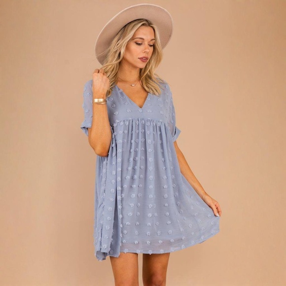 Light Blue Swiss Dot Babydoll Mini Dress - Picture 1 of 10